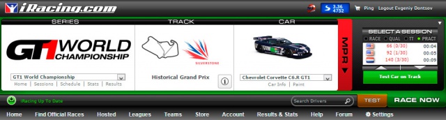 Главная панель сайта iRacing